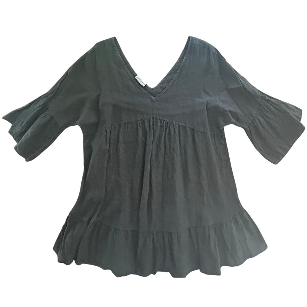 Made in Italy Linen Tunic Dress Black Ruffle Bell Sleeve Boho Bohemian Summer